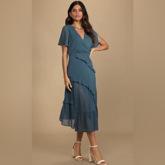 Lulus Blue Swiss Dot Tiered Ruffle Midi Dress Size M Surplice V-Neck NWT - Picture 1 of 12